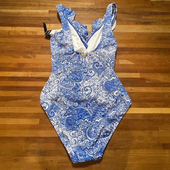 Ralph Lauren ARTISANAL WOODBLOCK Ruffled Tummy-Control Swimsuit US 6 - Picture 5 of 10